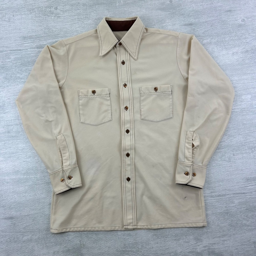 Vintage 60s Button Up Shirt Size Large Cream Western Long Sleeve